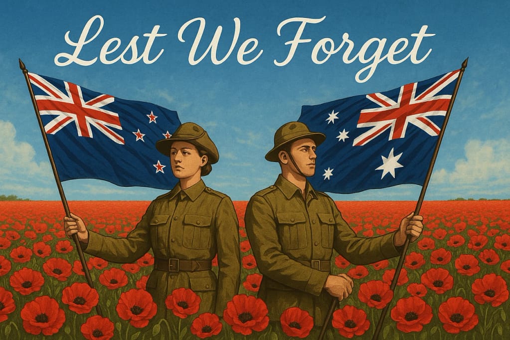 Two soldiers, a man and a woman in the middle of the field of poppies, each holding a flagpole with the australian flag. The sky behind is blue and on the sky is written with beautiful handwritten white letters: Lest We Forget.