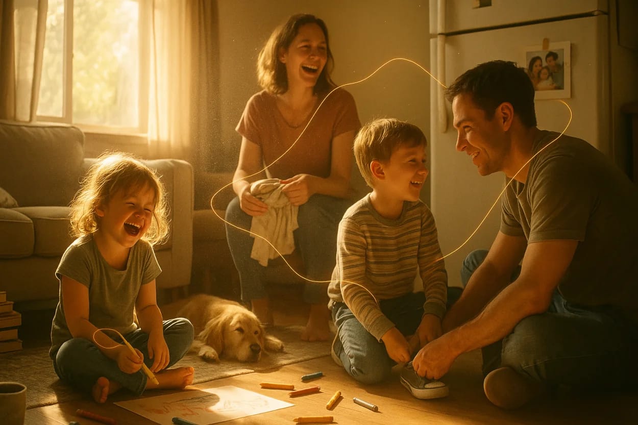 A family of four sits laughing on the living room floor, surrounded by crayons and drawings. Sunlight streams through the window as a toddler giggles, a preschooler ties a shoelace with help from a smiling dad, and a relaxed mom watches nearby. A golden retriever naps at their feet. The scene feels warm, joyful, and real — capturing the playful chaos and emotional connection of everyday family life.