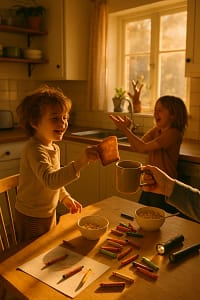 Young child shares toast with a hand holding a mug at a sunlit kitchen table, while another child laughs nearby with crayons and cereal bowls on the table