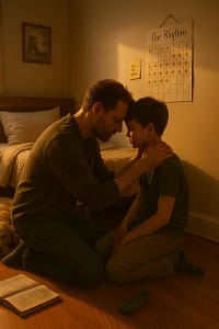 A parent kneels to eye level with a child — foreheads gently touching — mid-apology.