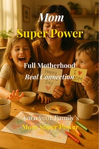 Mother laughs joyfully with her kids over handmade Mother’s Day cards and breakfast, celebrating the Mom Super Power with real connection and delight