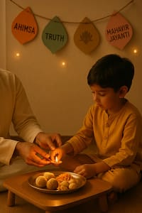 A parent and child are lighting a diya together at home, seated on the floor near a low table with a simple thali (metal plate) of satvik snacks. Nearby, colorful paper shapes with Jain values like "ahimsa" and "truth" hang in a garland on the wall.