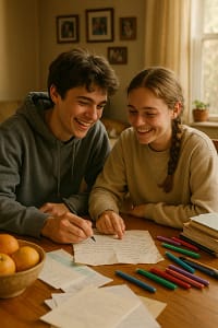 A brother and sister, both around 17-18 years old, sit at a wooden dining table covered with papers, colored pens, and a slightly crumpled letter they’re working on together. The boy wears a hoodie and has slightly messy hair; the girl has a simple braid and wears a comfy sweatshirt. They lean in toward the paper, the boy is smiling and the girl has a small laugh, looking at each other a little emotional, carefully choosing words.