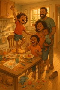 A cozy, lived-in kitchen bathed in warm, golden-hour light. The room is filled with the beautiful chaos of family life