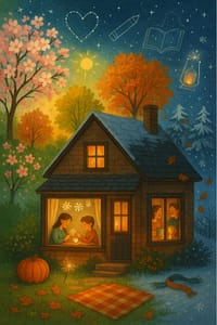 Cozy home surrounded by all four seasons with family sharing warm drinks inside, capturing seasonal soul rituals and emotional family bonding