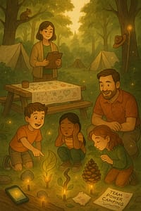 Children and adults gather in a forest campsite, examining glowing nature objects on the ground during a team camping activity labeled "Team Power Camping."