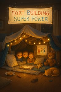 Three smiling children sit inside a cozy, blanket-and-pillow fort lit by fairy lights, with stuffed animals, books, and a banner reading “Fort Building Super Power.”