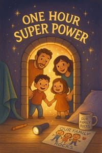 Family smiling inside a cozy blanket fort under the title “One Hour Super Power,” highlighting the magic of focused family bonding rituals