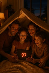 Family under a blanket fort pointing at a pin on tablet, hearts in eyes.