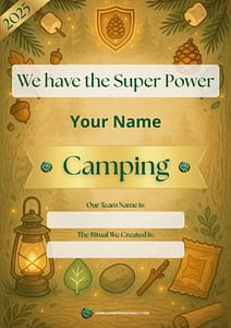 Printable Super Power Family camping certificate with space for a name, team name, and ritual, surrounded by cozy outdoorsy illustrations.