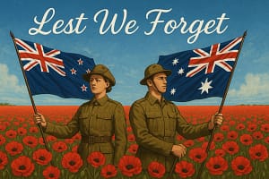 Two soldiers, a man and a woman in the middle of the field of poppies, each holding a flagpole with the australian flag. The sky behind is blue and on the sky is written with beautiful handwritten white letters: Lest We Forget.