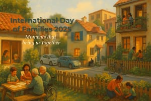 Illustration of a vibrant, diverse neighborhood during golden hour. Families engage in meaningful activities: a multigenerational group laughs over a card game at a picnic table, a parent and child garden together, people talk from balconies and windows, and someone in a wheelchair chats near a parked car. The homes feature solar panels and cozy details, symbolizing community, sustainability, and inclusion. The scene reflects the International Day of Families theme — celebrating real, imperfect, and joyful connection. A headline that sais: International Day of Families 2025 - Moments that bring us together