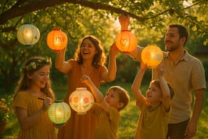 A joyful family gathered in a sun-dappled backyard during midsummer evening, decorating colorful paper lanterns with drawings and wishes. Children and parents hang glowing lanterns from tree branches, surrounded by laughter, flowers, and golden sunset light. A heartwarming moment of connection, creativity, and family tradition inspired by the Empathy Witch.