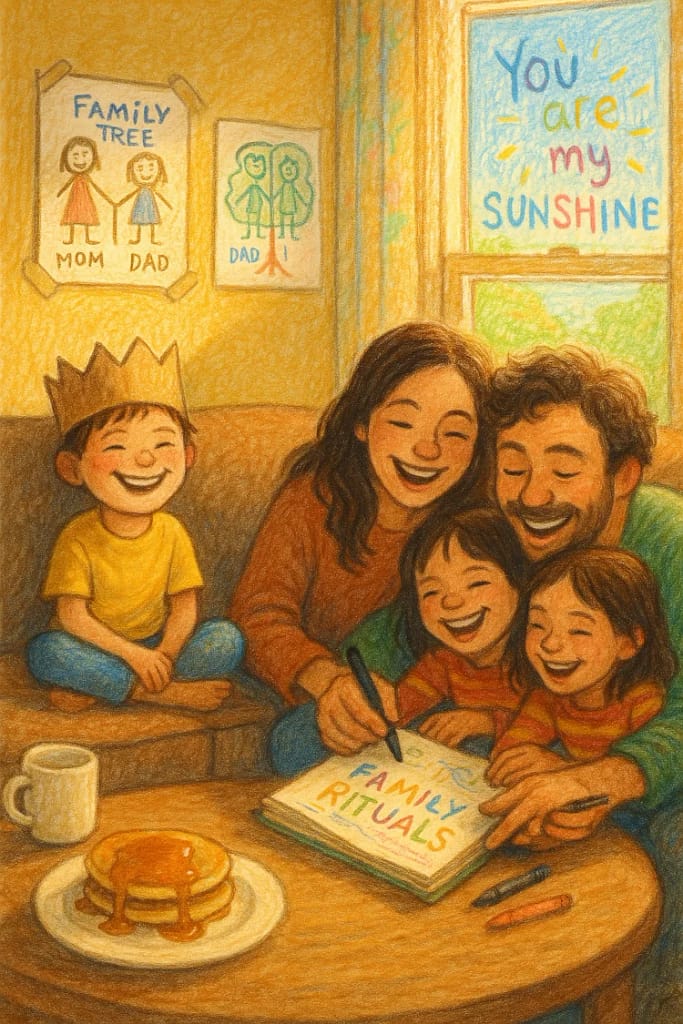 A family piled together, laughing and scribbling new ideas on a notebook titled "Family Rituals."