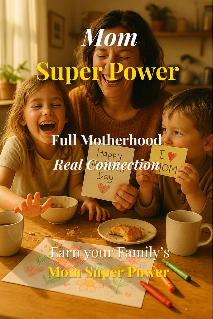 Mother laughs joyfully with her kids over handmade Mother’s Day cards and breakfast, celebrating the Mom Super Power with real connection and delight