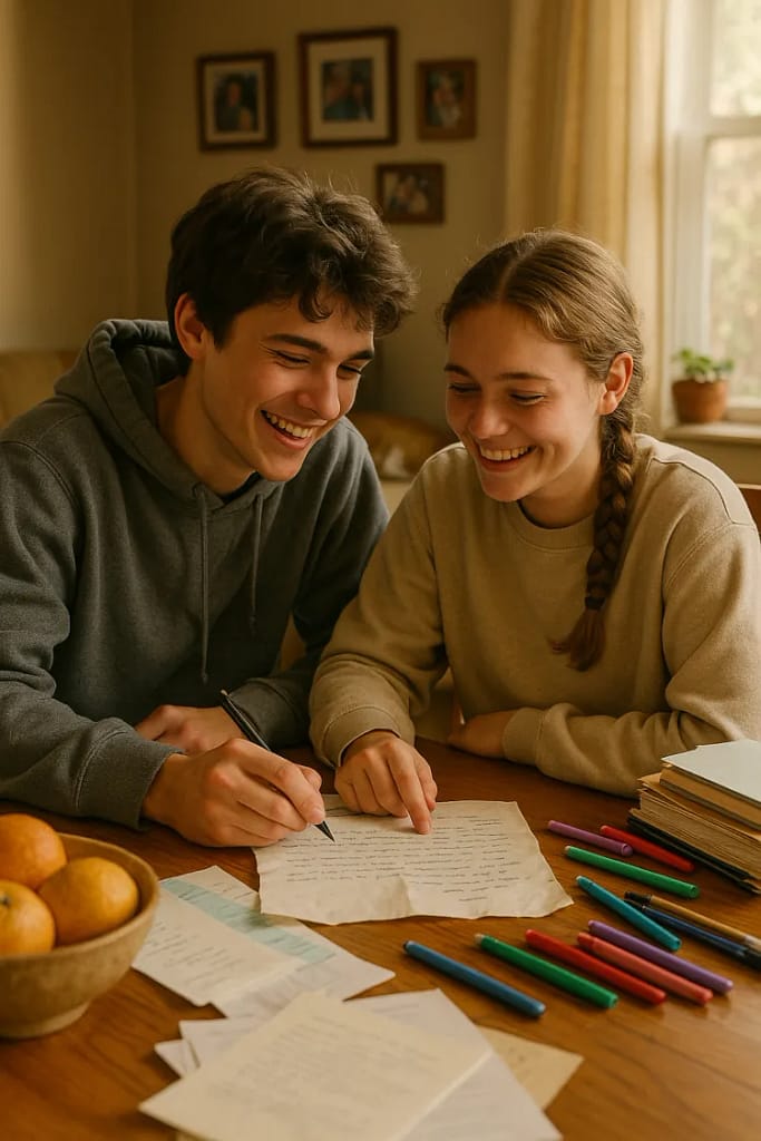 A brother and sister, both around 17-18 years old, sit at a wooden dining table covered with papers, colored pens, and a slightly crumpled letter they’re working on together. The boy wears a hoodie and has slightly messy hair; the girl has a simple braid and wears a comfy sweatshirt. They lean in toward the paper, the boy is smiling and the girl has a small laugh, looking at each other a little emotional, carefully choosing words.