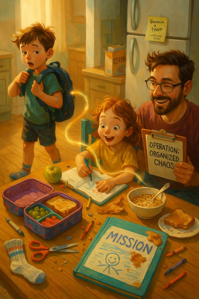 Dad and kids tackle a chaotic breakfast table filled with cereal, crayons, and lunchboxes, with a clipboard reading "Operation: Organized Chaos."