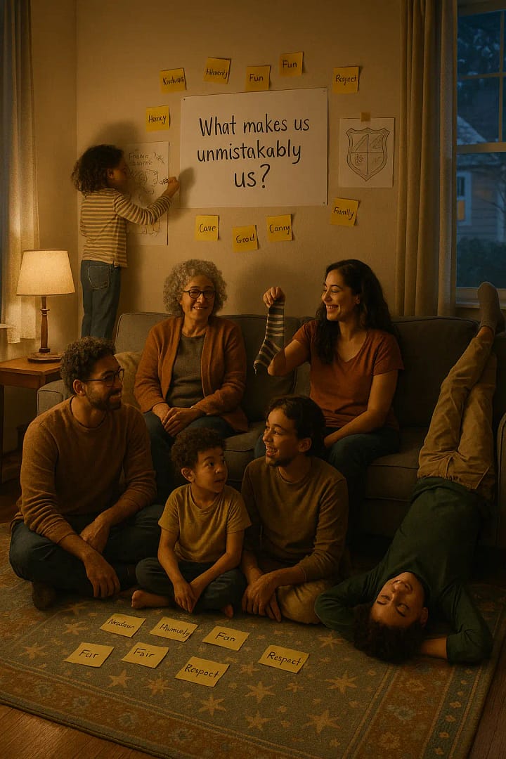 Some sit on the couch, others on the floor, one teen lounging upside down in a chair. Between them: sticky notes with hand-scribbled values, a hand-drawn family crest taped to the wall, and a whiteboard with the question: “What makes us unmistakably us?”