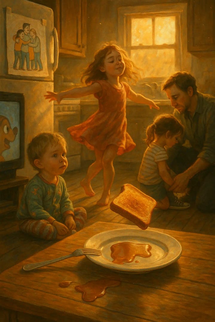 beautifully messy life. Syrup drips down a forgotten plate. A crayon drawing of a superhero family — cape-less, mid-hug — hangs on the fridge, curling at the edges. A toddler in mismatched pajamas watches the third rerun of their favorite cartoon, while an older sibling spins barefoot in a silent dance party.