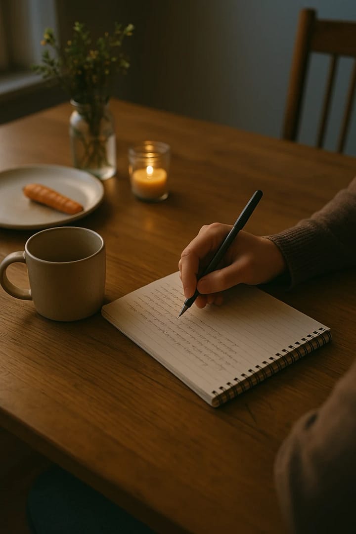 A warm, emotionally grounded dinner table scene during early evening. A person is writing a handwritten letter — only their hand is visible, mid-sentence, holding a pen. No face or identifying features should be shown. The table includes small, lived-in details: a half-eaten carrot, a simple ceramic mug, and a notepad with handwritten lines