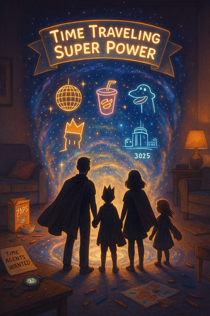 A family dressed as superheroes stands in a living room, facing a glowing portal labeled "Time Traveling Super Power" with futuristic and whimsical icons.