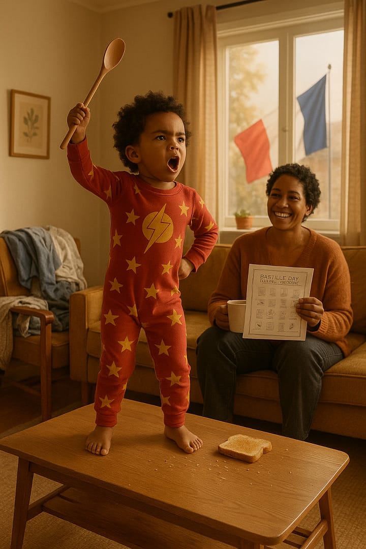 A child stands on a coffee table in starry pajamas, raising a wooden spoon like a torch. A parent smiles in the background holding a “Bastille Day Family Kit” printable. Two French flags hang in the window. Text overlay reads: “Start your own revolution with Super Power Family — Bastille Day FREE Family Kit.”
