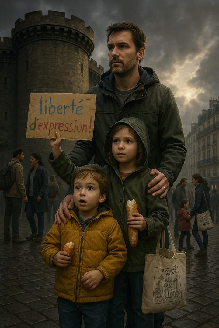 A father stands protectively behind his two young children in a moody street setting, holding a cardboard sign that reads “Liberté.” The older child, holding bread and a tote bag, gazes ahead with solemn strength, while the younger one clutches their snack quietly. The scene echoes protest, resilience, and intergenerational emotional courage.