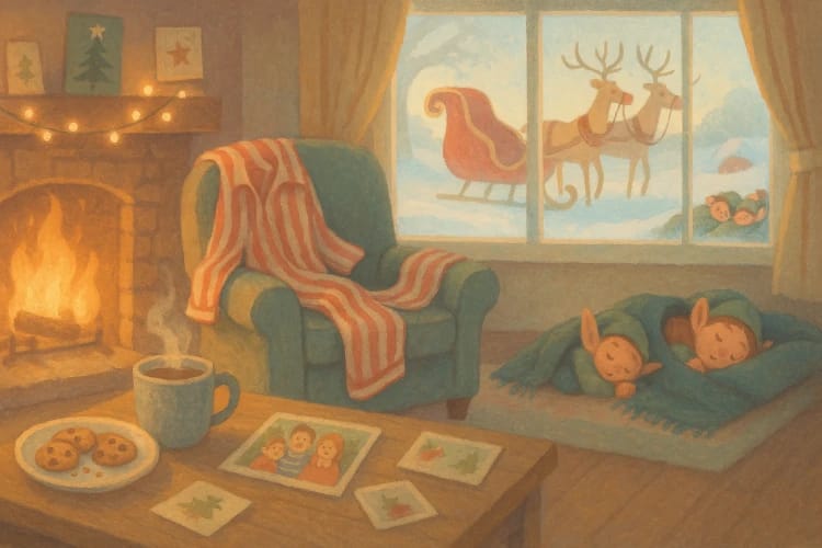 A cozy post-Christmas living room scene with a softly glowing fireplace, twinkling string lights still hanging across the mantle, a half-empty plate of cookies beside a mug of cocoa, and a pair of striped pajamas draped over a comfy armchair.