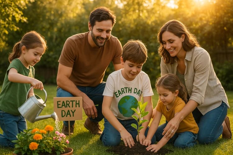 A family celebrates Earth Day outdoors in a lush, green backyard during golden hour. Children are planting a young sapling while parents guide gently, smiling. Nearby, a sibling waters a flower bed with a small watering can. The scene radiates warmth, cooperation, and purpose—capturing how small, meaningful actions can help protect the planet and strengthen family bonds