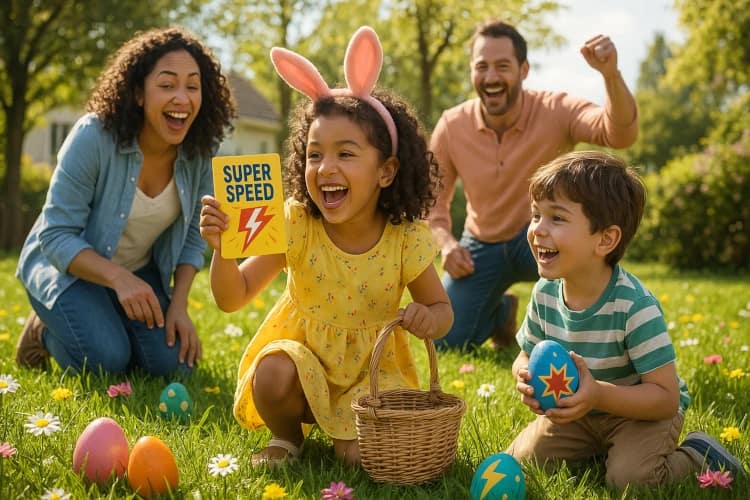 A playful family Easter egg hunt in a sunny spring garden. Children laugh and search for colorful Power Eggs hidden among the flowers. Each egg holds a surprise superpower card, sparking joyful moments of connection, encouragement, and imagination. Parents cheer them on, creating a fun and meaningful Easter tradition that celebrates love, courage, and teamwork.