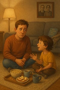 A father listens attentively to a young child during a quiet, heartfelt conversation on the couch.