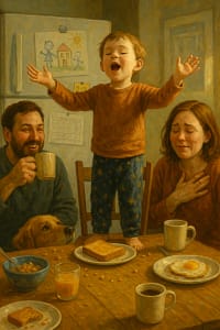 A joyful toddler stands on a dining table chair with arms raised, surrounded by smiling parents during a cozy family breakfast — capturing a moment of everyday connection and celebration.