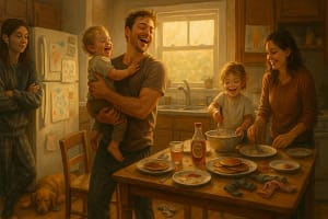 A father spins with a laughing toddler on his hip, joy and slight exhaustion on his face, while a mother stands at the counter beside a young child who’s balanced on a kitchen chair, proudly whisking pancake batter. The child’s face is smudged with flour, and giggles fill the air.